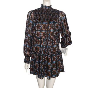 ELAN Mini Dress, S, Smocked Yoke, Ruffle, Long sleeve, Metallic threading, Geo